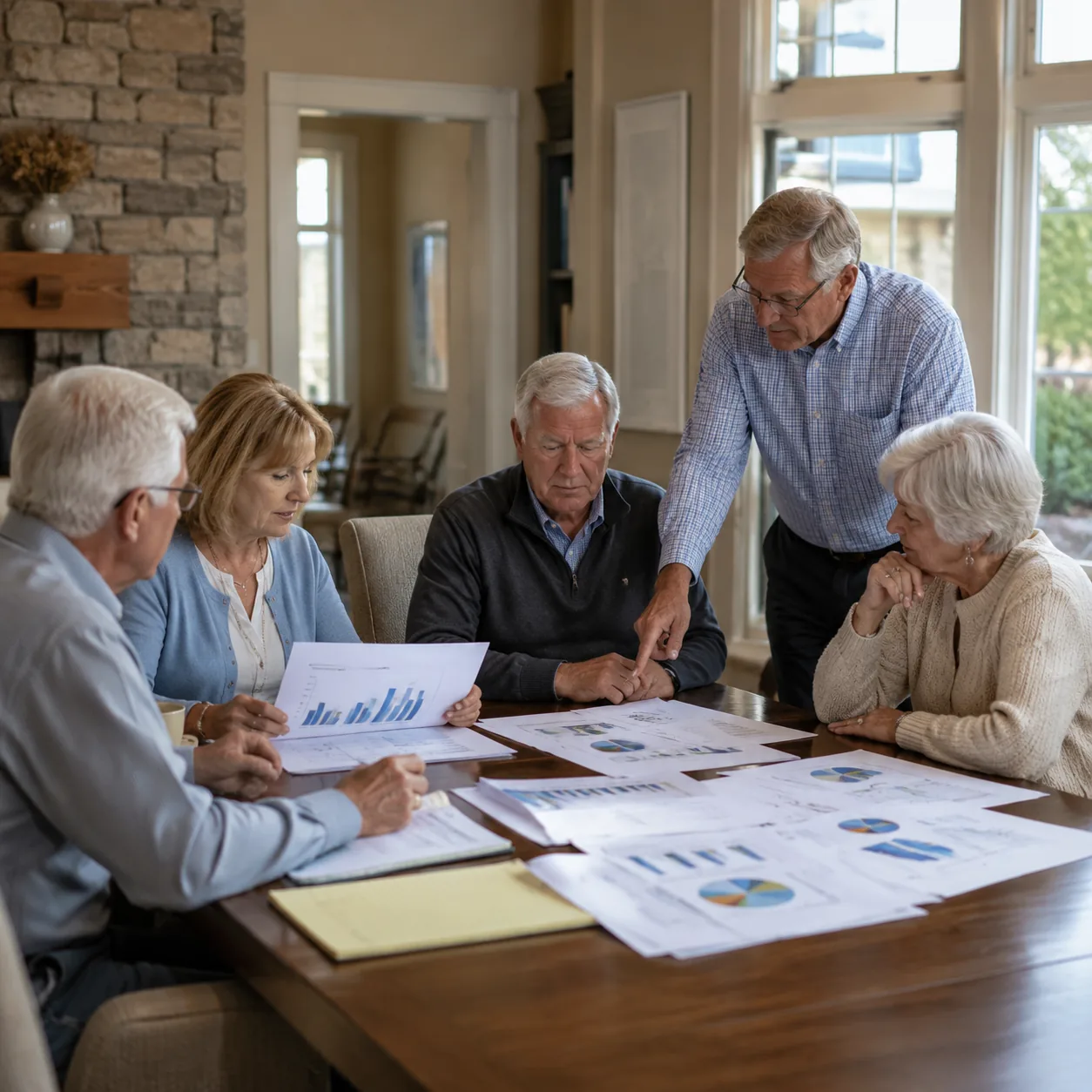 older HOA board members reviewing reserve study charts in community room, realistic editorial lifestyle photography for 