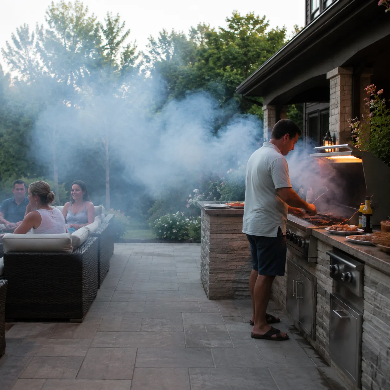 Realistic editorial backyard grilling scene with smoke blowing directly across patio seating and prep counter, built-in 