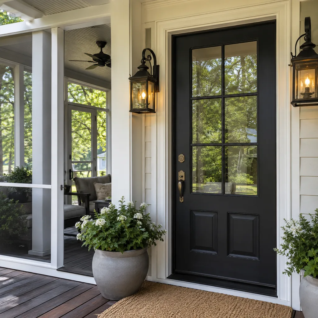 Realistic editorial photo of a black front door on an American home with trim, planters, hardware, and porch details showing screened area that still feels like