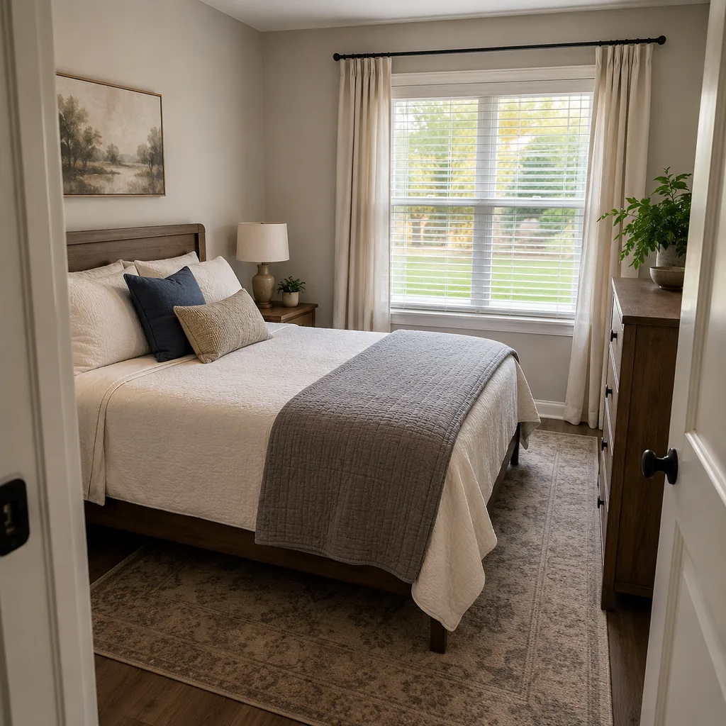 Realistic editorial photo of a compact American bedroom with bed, nightstands, window, dresser, and tight walkways showing calm first view from the door