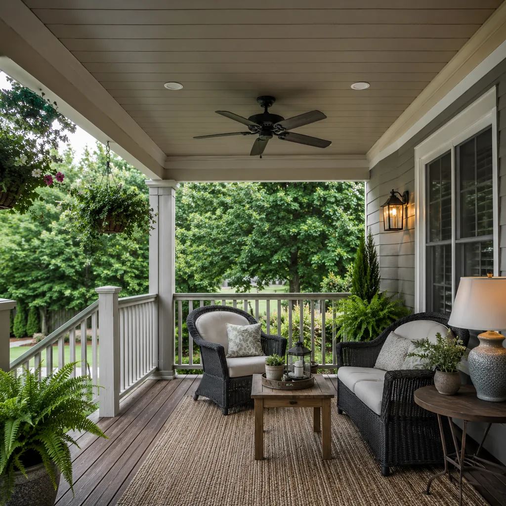 Realistic editorial photo of a covered porch with chairs, ceiling fan, plants, side tables, rug, and outdoor living details showing porch ceiling that looks fin