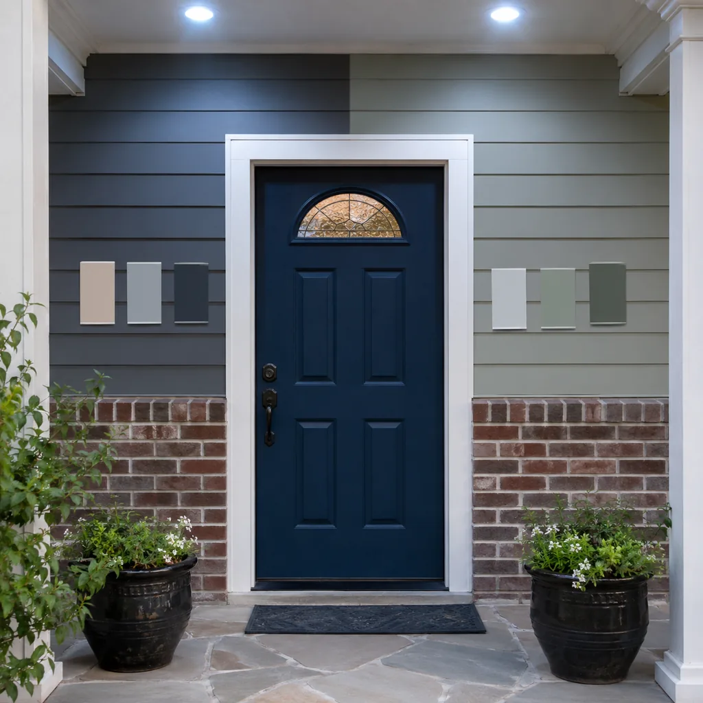 Realistic editorial photo of a front entry with door paint samples, brick, siding, plants, and trim showing cold bulbs changing the wall color