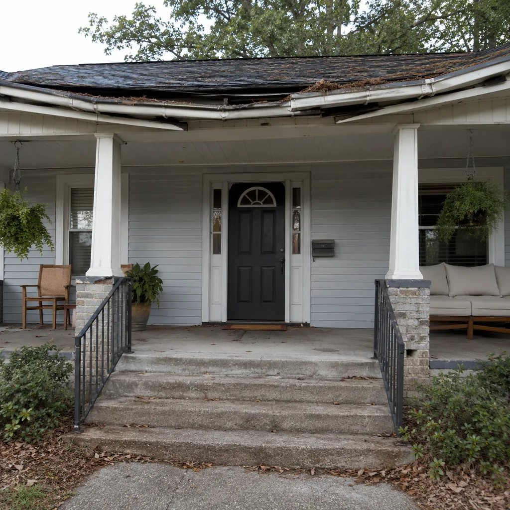 Realistic editorial photo of a front porch prepared for a home showing with steps, door, railings, seating, and curb appeal issues showing roof edges with saggi