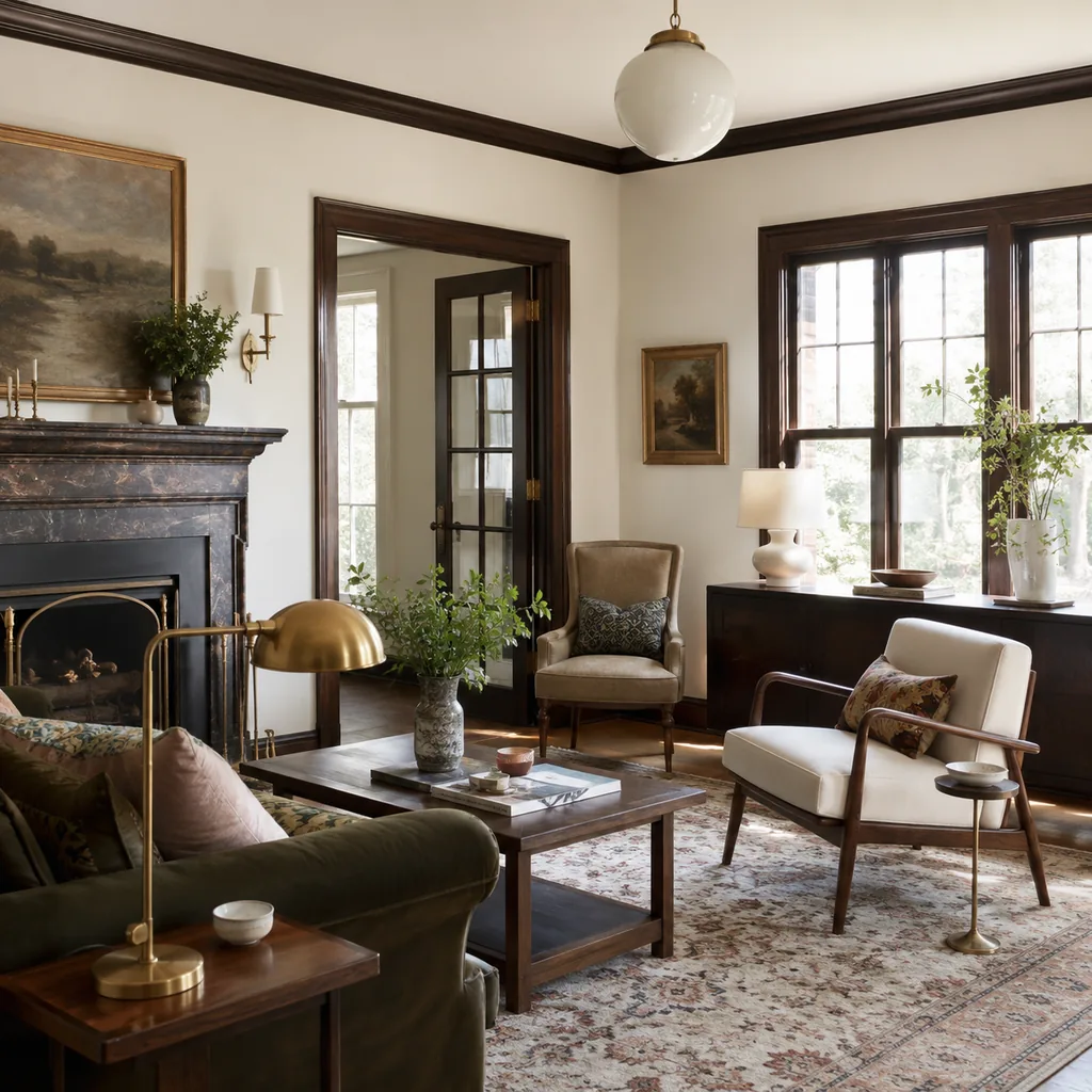 Realistic editorial photo of a home interior with vintage decor, modern furniture, warm wood, patterned accents, and layered lighting showing brass hardware use