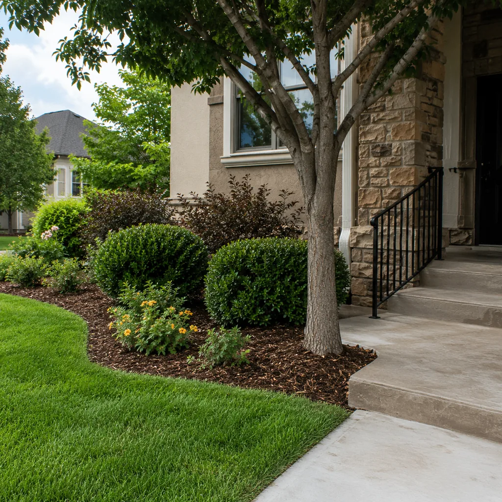 Realistic editorial photo of a landscaped American front yard with lawn, shrubs, mulch beds, trees, walkway, and house exterior showing tree planted too close t