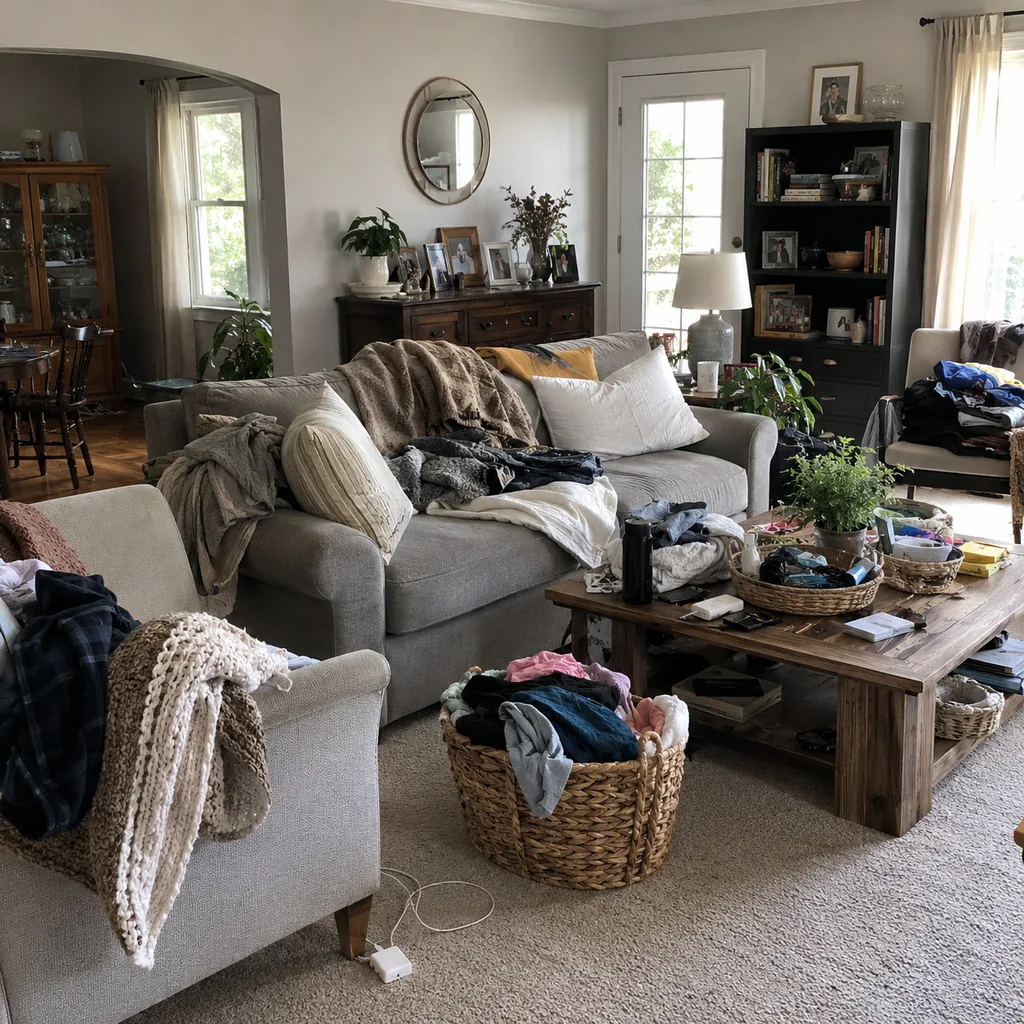 Realistic editorial photo of a living room with crowded surfaces, extra chairs, baskets, blankets, cords, and storage furniture showing laundry items stored far