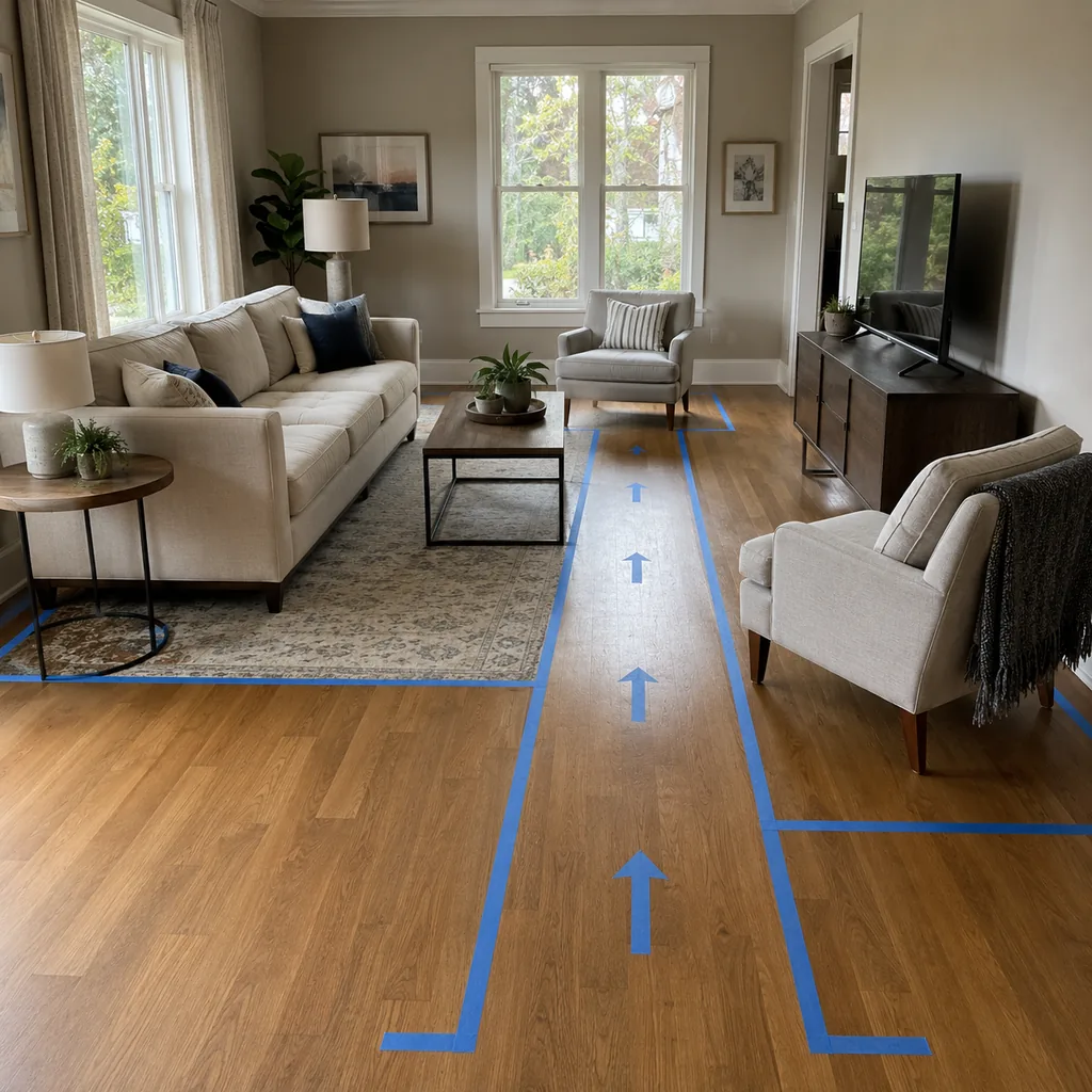 Realistic editorial photo of a living room with sofa, chairs, rug, TV, windows, and taped layout marks showing clear walkway through the room