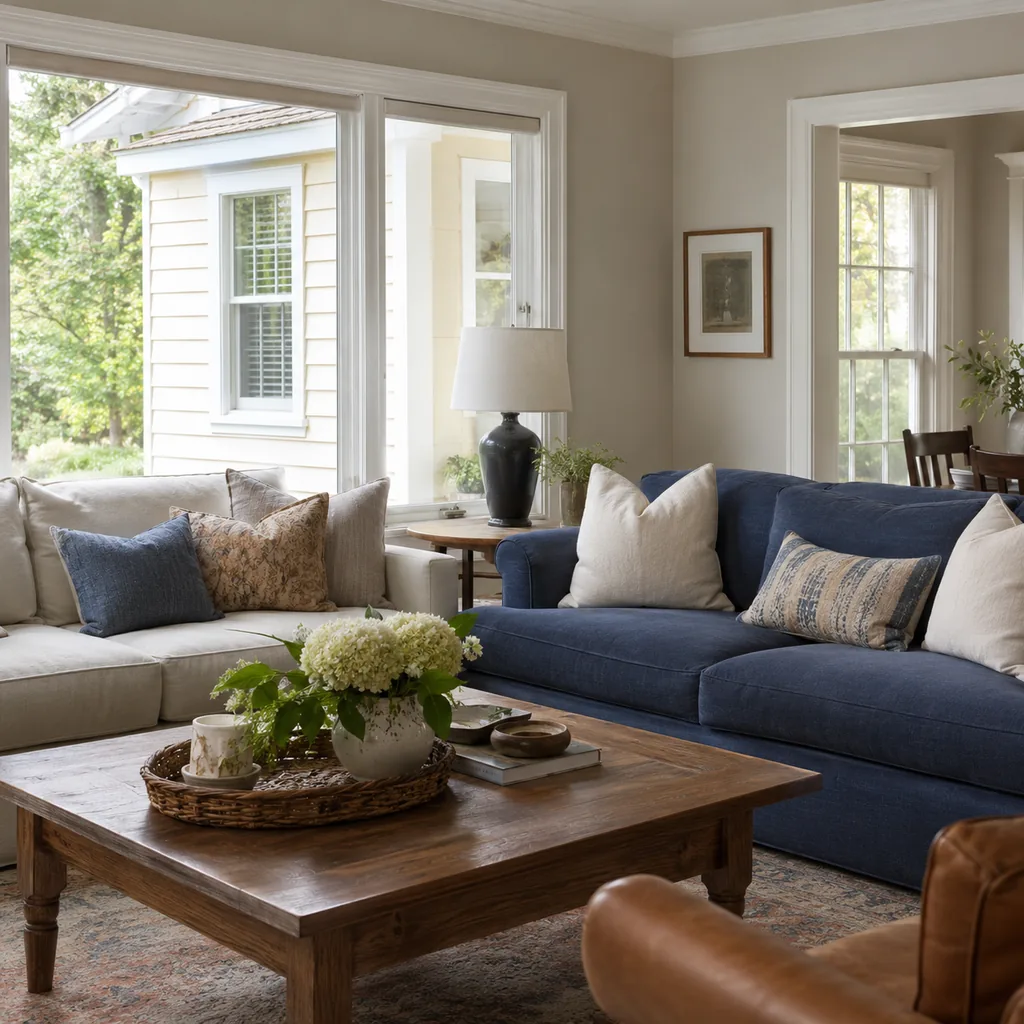 Realistic editorial photo of a living room with sofas in different upholstery colors, pillows, wall paint, and daylight showing pure white exterior trim on crea