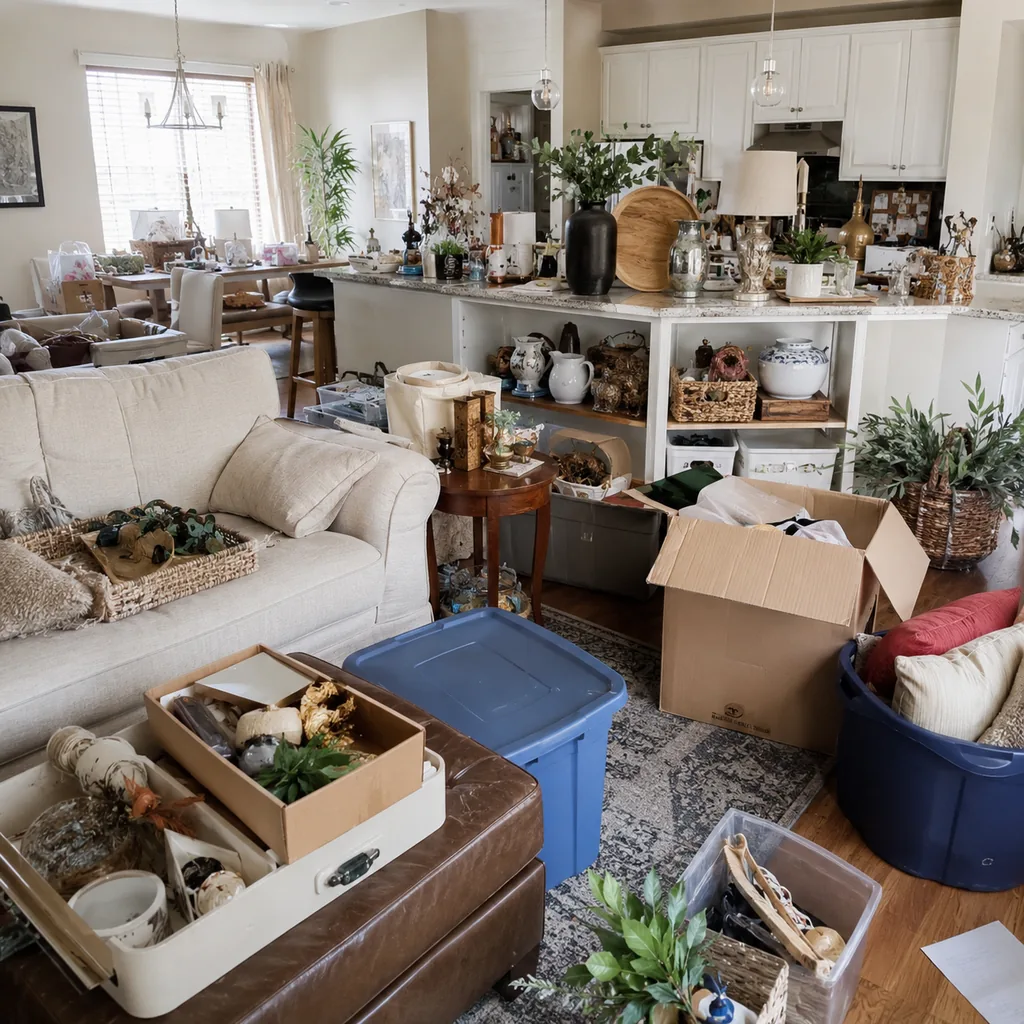 Realistic editorial photo of a realistic cluttered living room and kitchen area with boxes, counters, shelves, and organizing bins showing decor stored where us