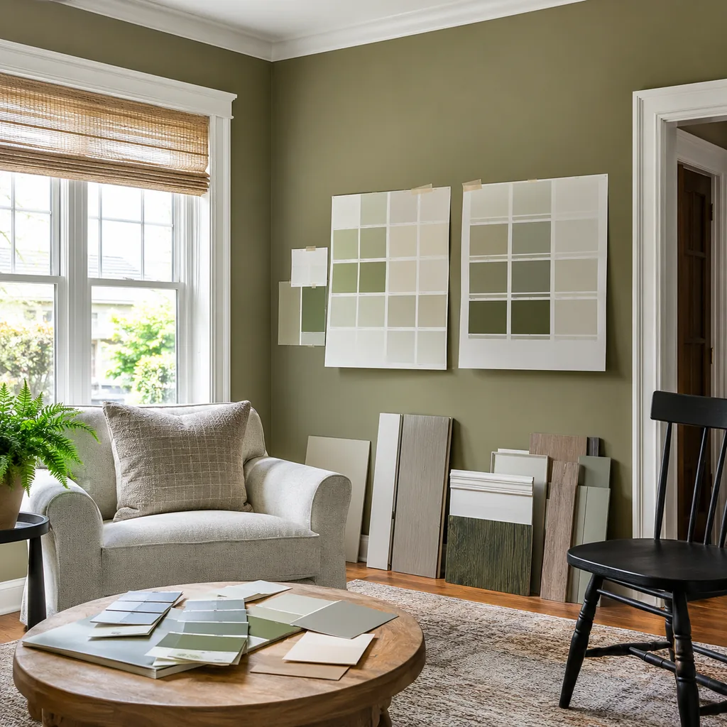 Realistic editorial photo of a room with paint swatches, sample boards, wall colors, trim, furniture, and daylight showing comeback color used too literally