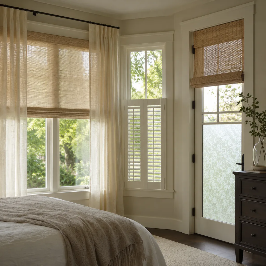 Realistic editorial photo of a room with windows, shades, shutters, woven panels, privacy film, and soft natural light showing fabric that looks thin at night