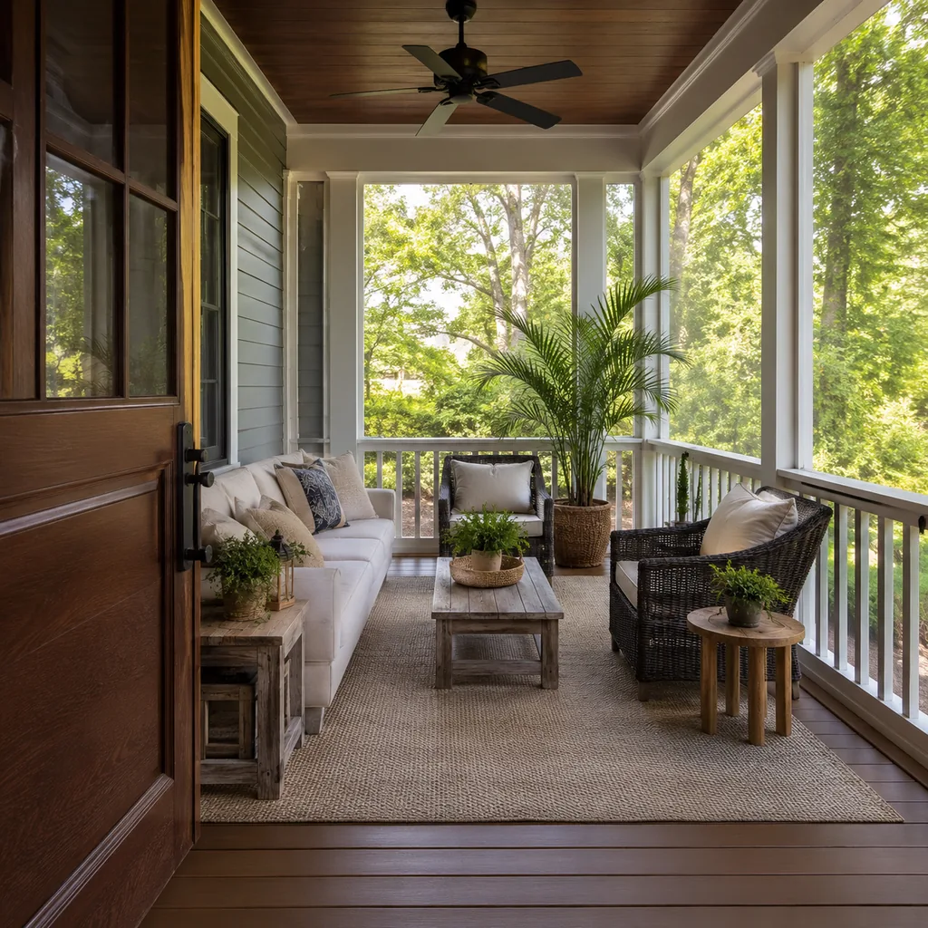 Realistic editorial photo of a screened porch with sofa, chairs, rug, plants, ceiling fan, screens, and soft daylight showing front door finish without faded pa