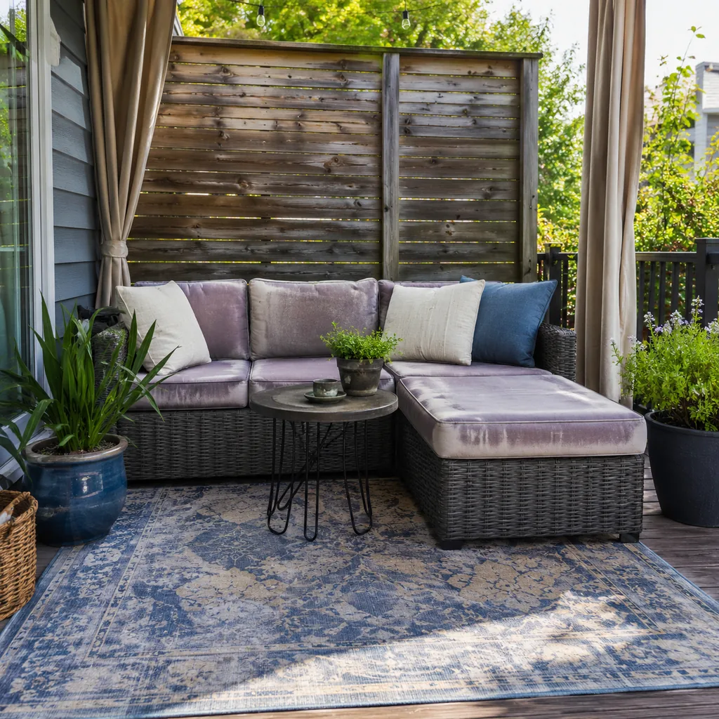 Realistic editorial photo of a small patio with compact seating, outdoor rug, plants, side table, curtains, and privacy screen showing outdoor fabric that fades