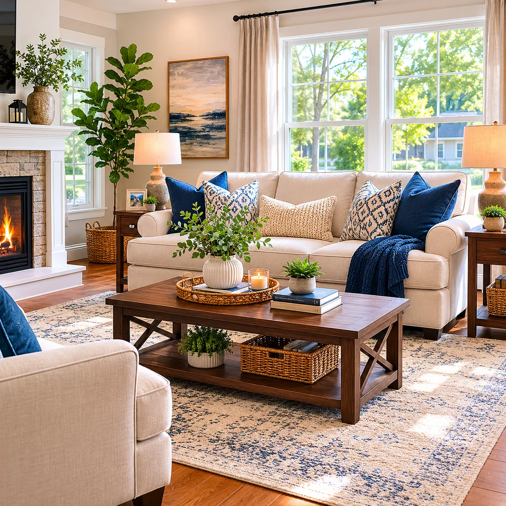 Realistic editorial photo of a staged American living room with sofa, rug, windows, lighting, and buyer-facing details showing coffee table that fits the sofa