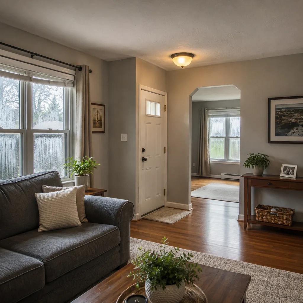 Realistic editorial photo of a staged home interior with living room, entry, lighting, furniture placement, and listing-photo details showing windows that stick