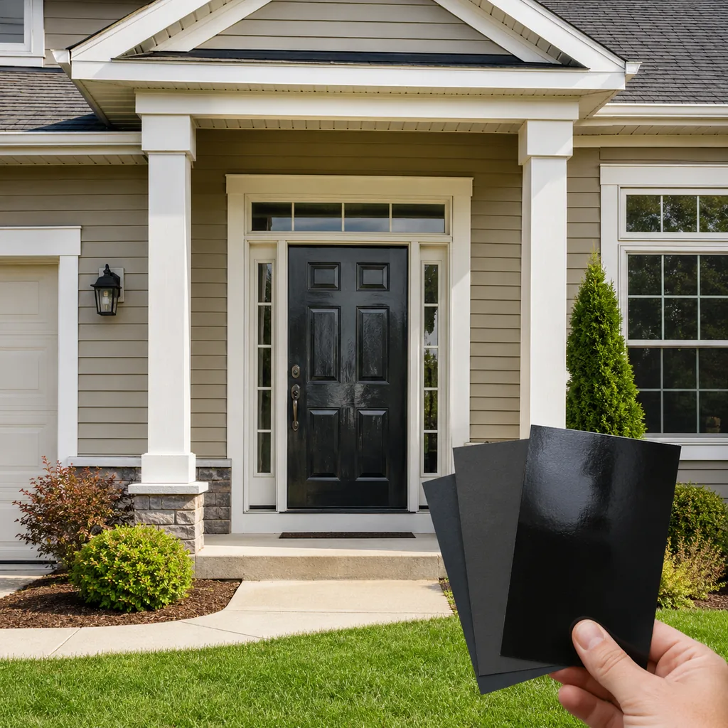 Realistic editorial photo of a suburban home exterior with siding, trim, roof, front door, lawn, and paint swatches showing black front door with the wrong shee