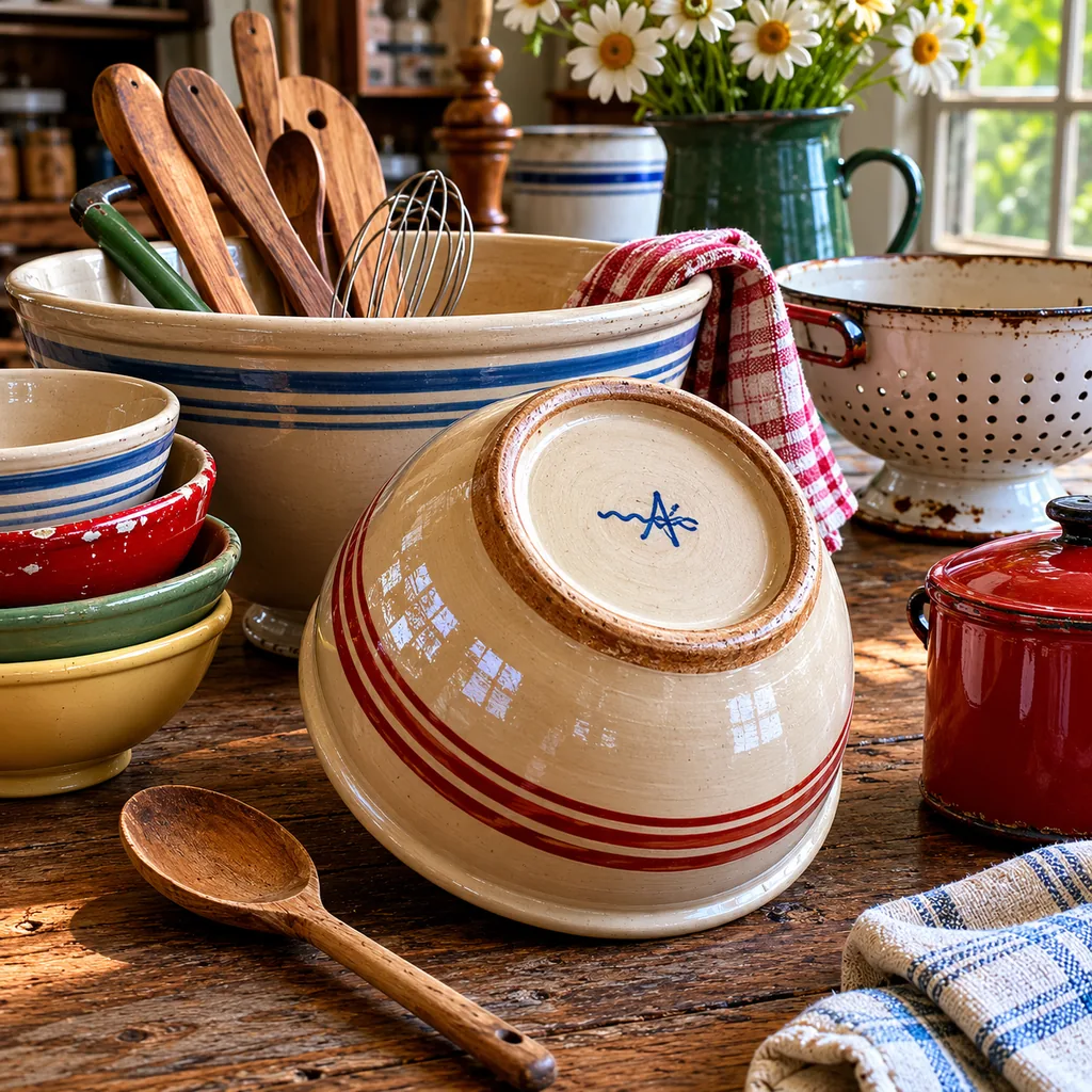 Realistic editorial photo of a vintage kitchen table with bowls, enamel cookware, utensils, tins, and warm window light showing signed pottery on the bottom