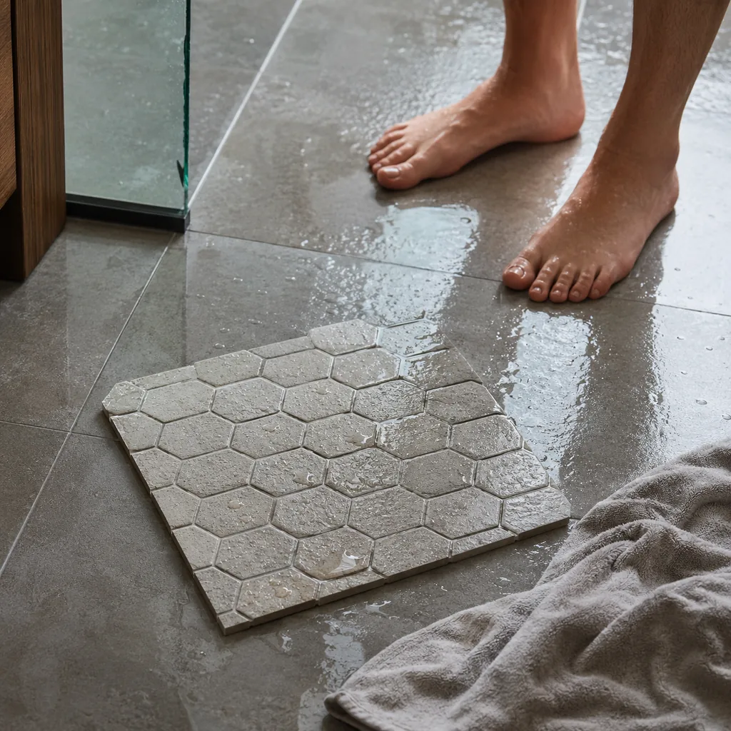 Realistic editorial photo of a wet bathroom floor tile sample with bare feet nearby and a towel on the floor