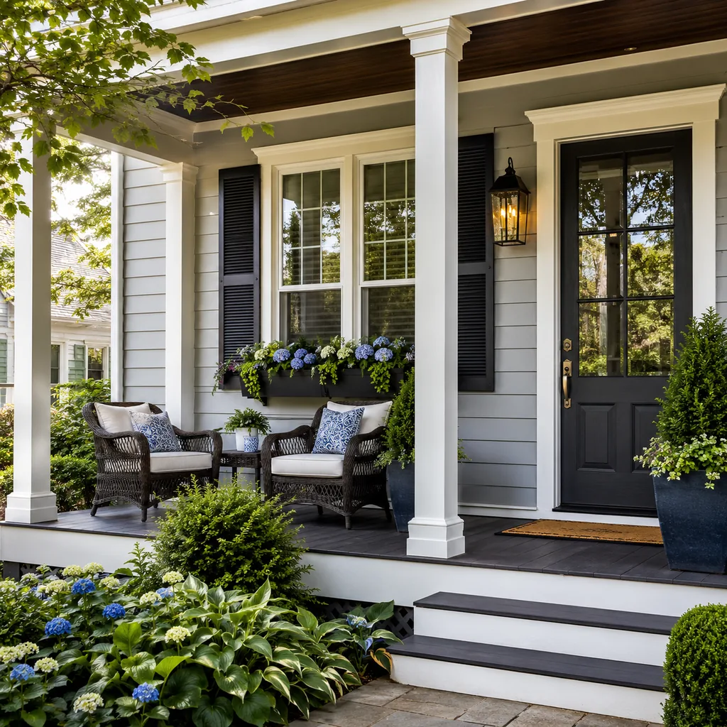 Realistic editorial photo of an American front porch with siding, steps, planters, seating, and a visible front door showing window boxes with enough volume