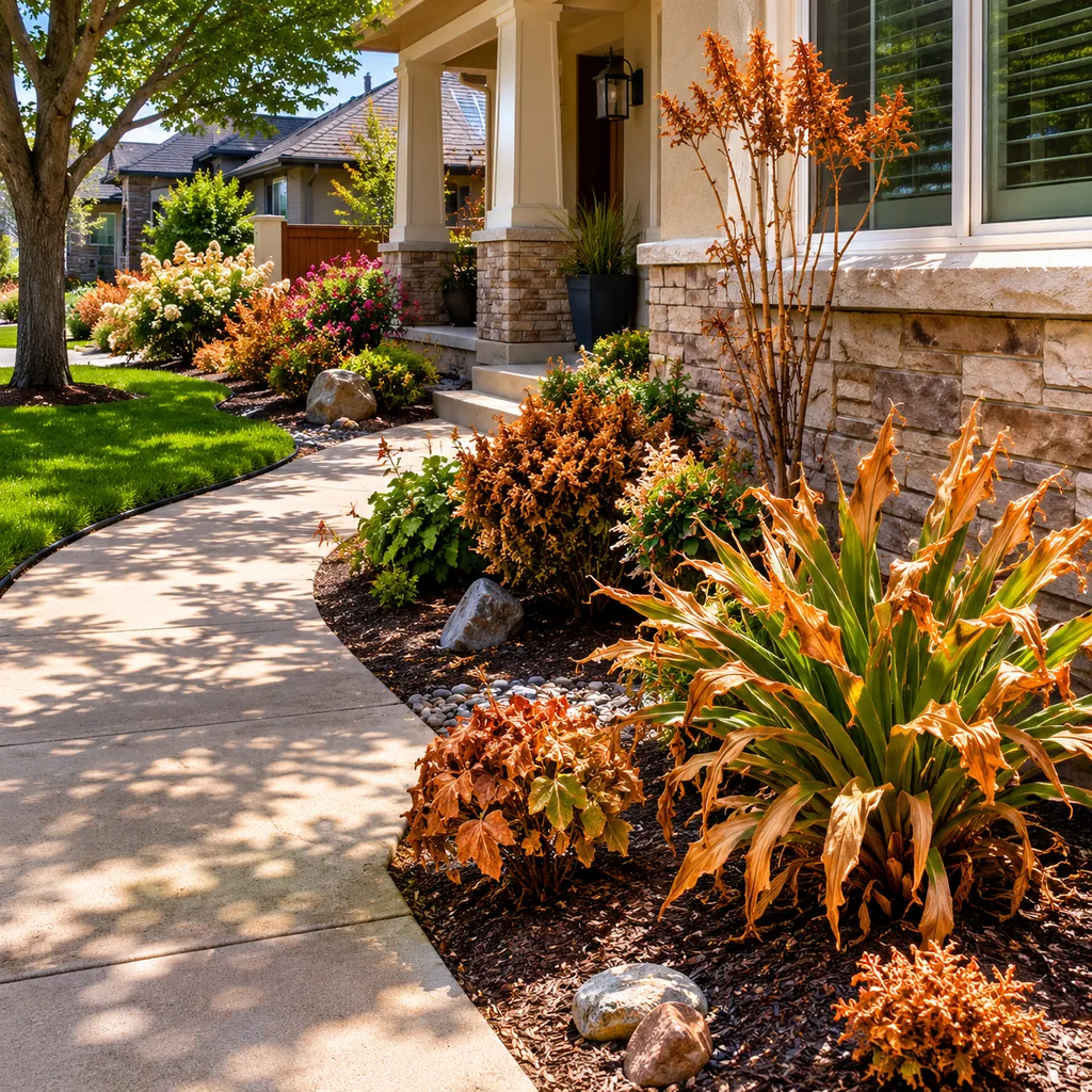 Realistic editorial photo of an American front yard with lawn, shrubs, walkway, mulch beds, trees, and a front porch showing plants that fry in reflected heat