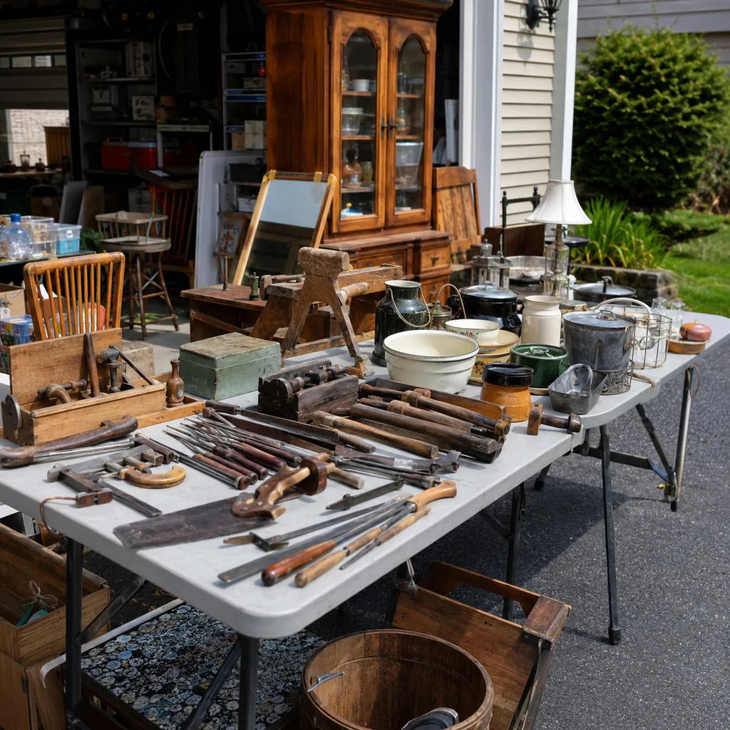 Realistic editorial photo of an American garage sale with folding tables, boxes, old kitchen items, furniture, and collectibles showing hand tools with wood han