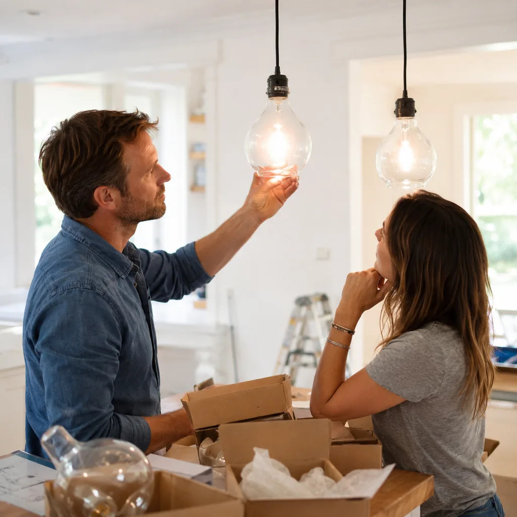 Realistic editorial photo of an American home lighting showing choosing clear glass bulbs that glare