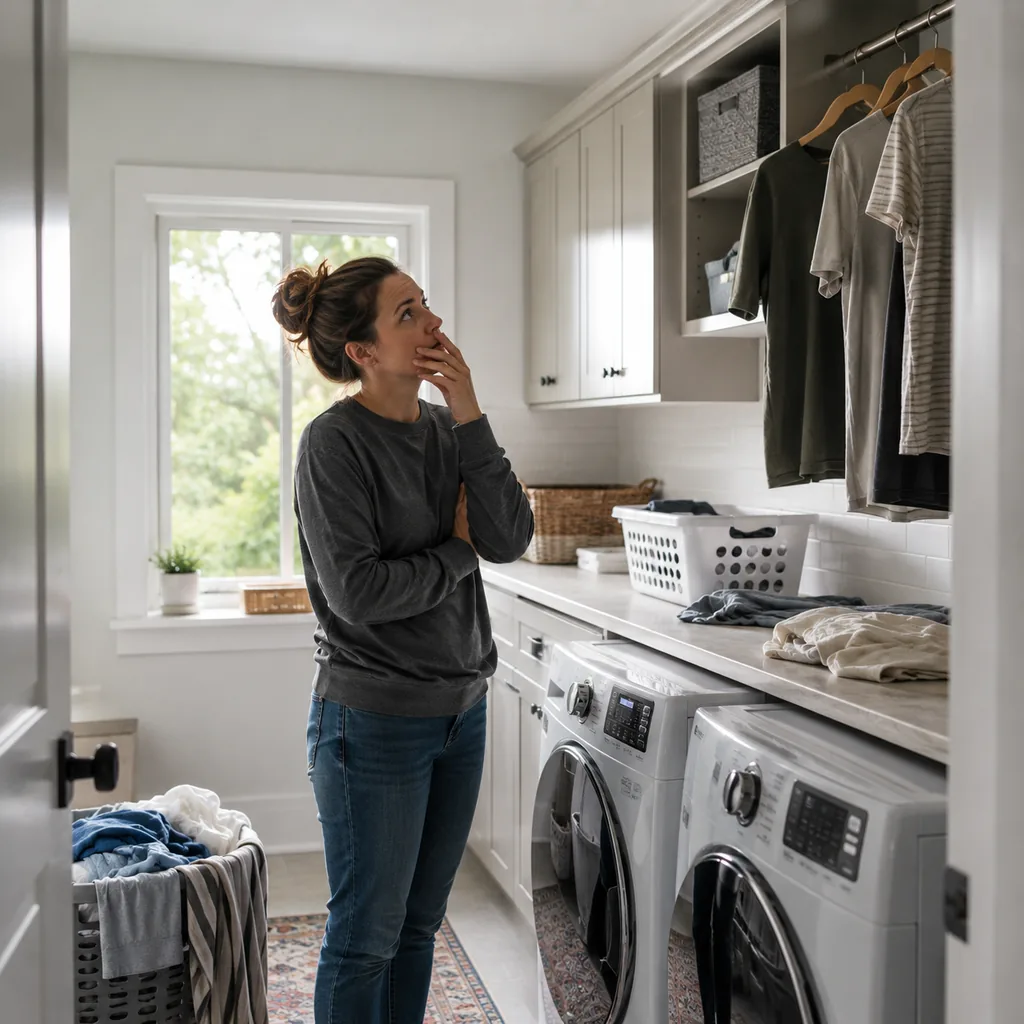 Realistic editorial photo of an American laundry room showing forgetting where hang-dry clothes go