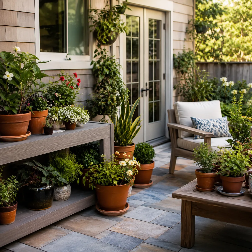 Realistic editorial photo of an American patio showing using many small pots