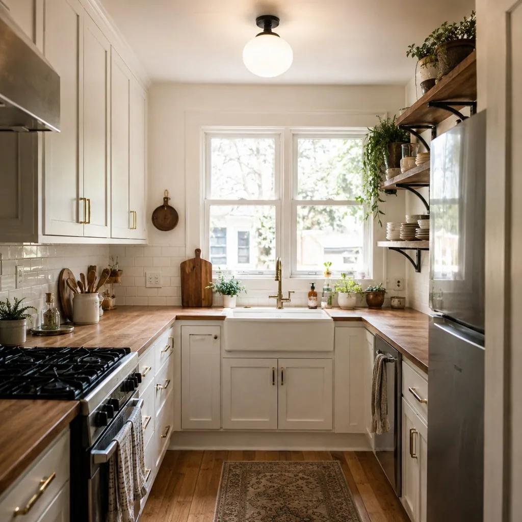 Realistic editorial photo of an American small kitchen showing using one overhead light