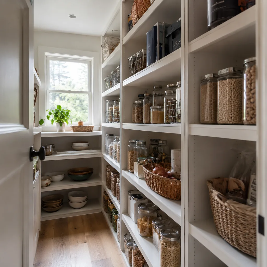 Realistic editorial photo of an American walk-in pantry showing not measuring bulk packaging