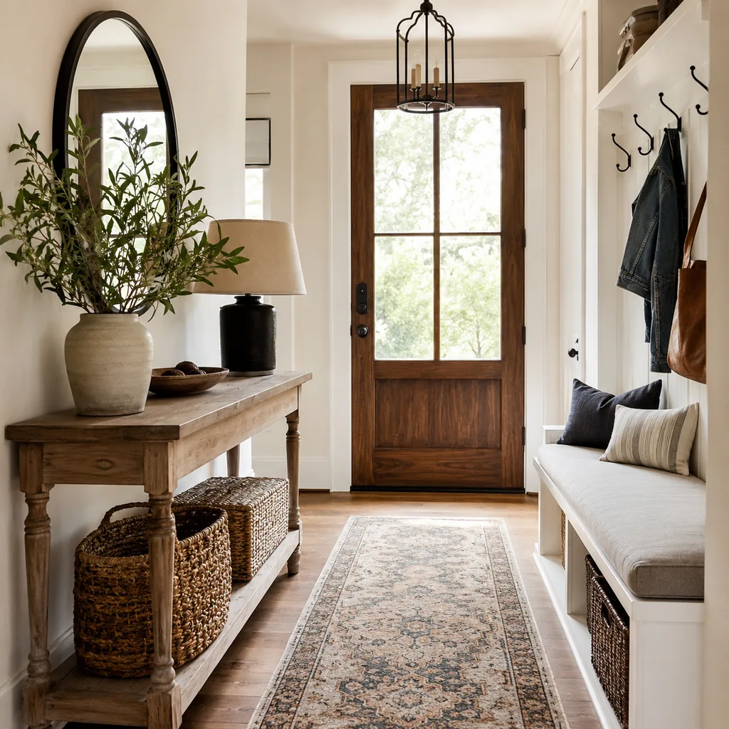 Realistic editorial photo of an entryway with console table, mirror, bench, hooks, rug, lighting, and storage showing real entry table instead of a clutter shel