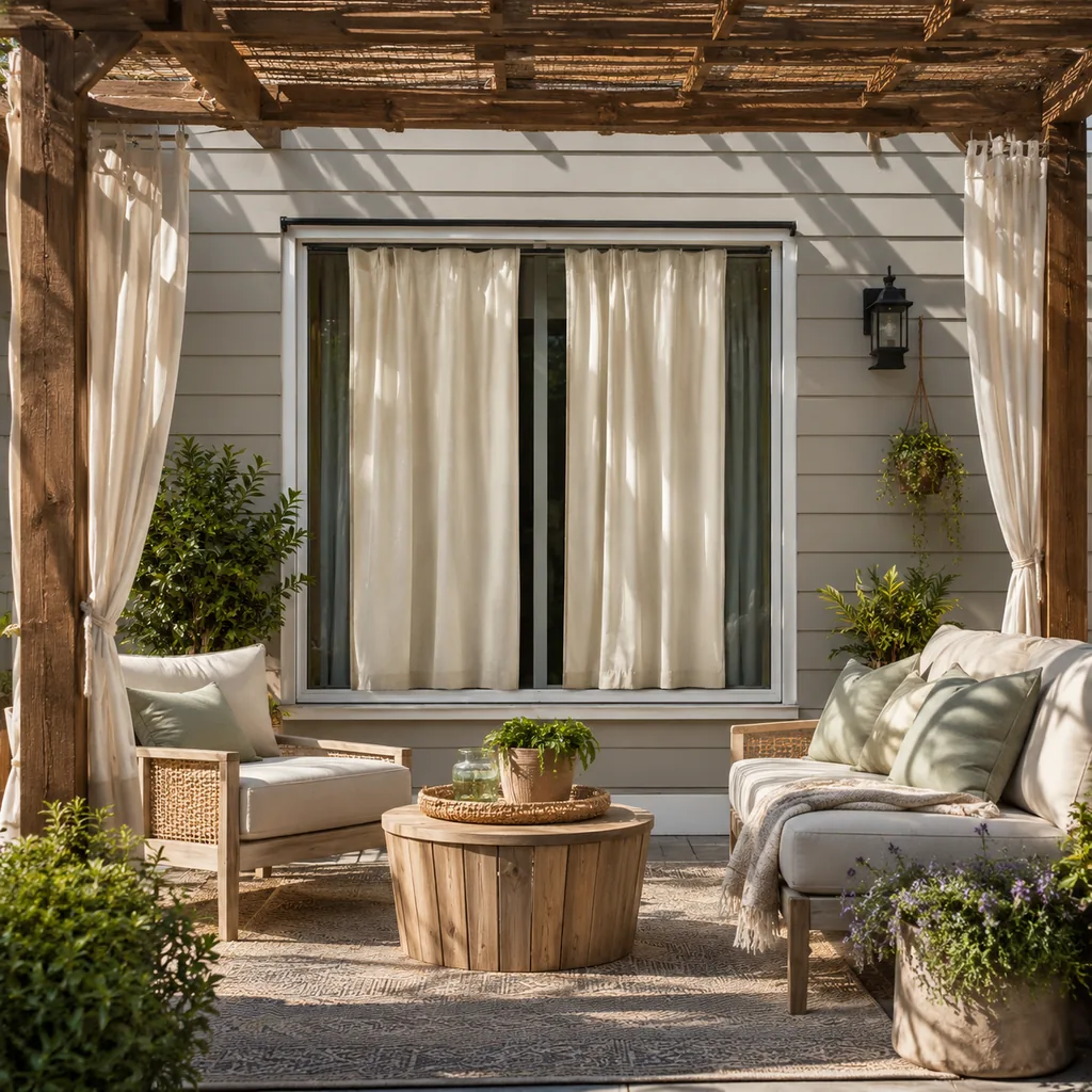 Realistic editorial photo of an outdoor patio with pergola curtains, seating, plants, fabric panels, and sunlight showing rod that does not extend past the wind