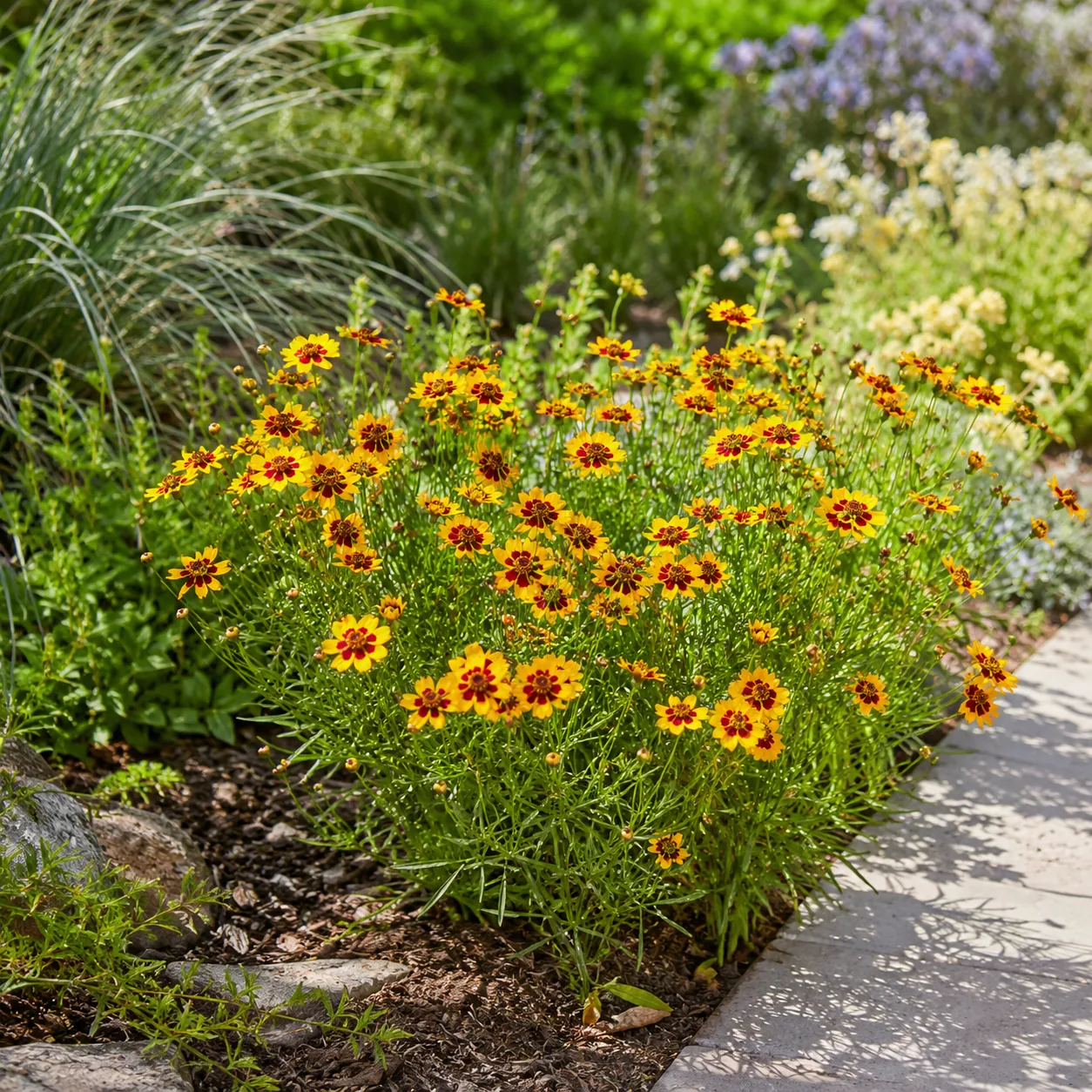 Realistic editorial photo of Coreopsis growing in sunny drought tolerant flower bed in summer heat, realistic editorial 