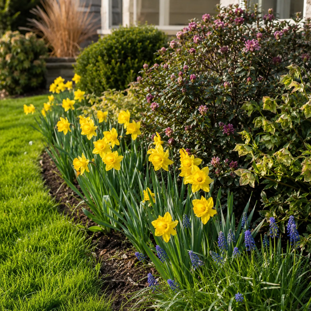 Realistic editorial photo of Daffodils growing in front yard border with deer resistant flowering plants, realistic edit