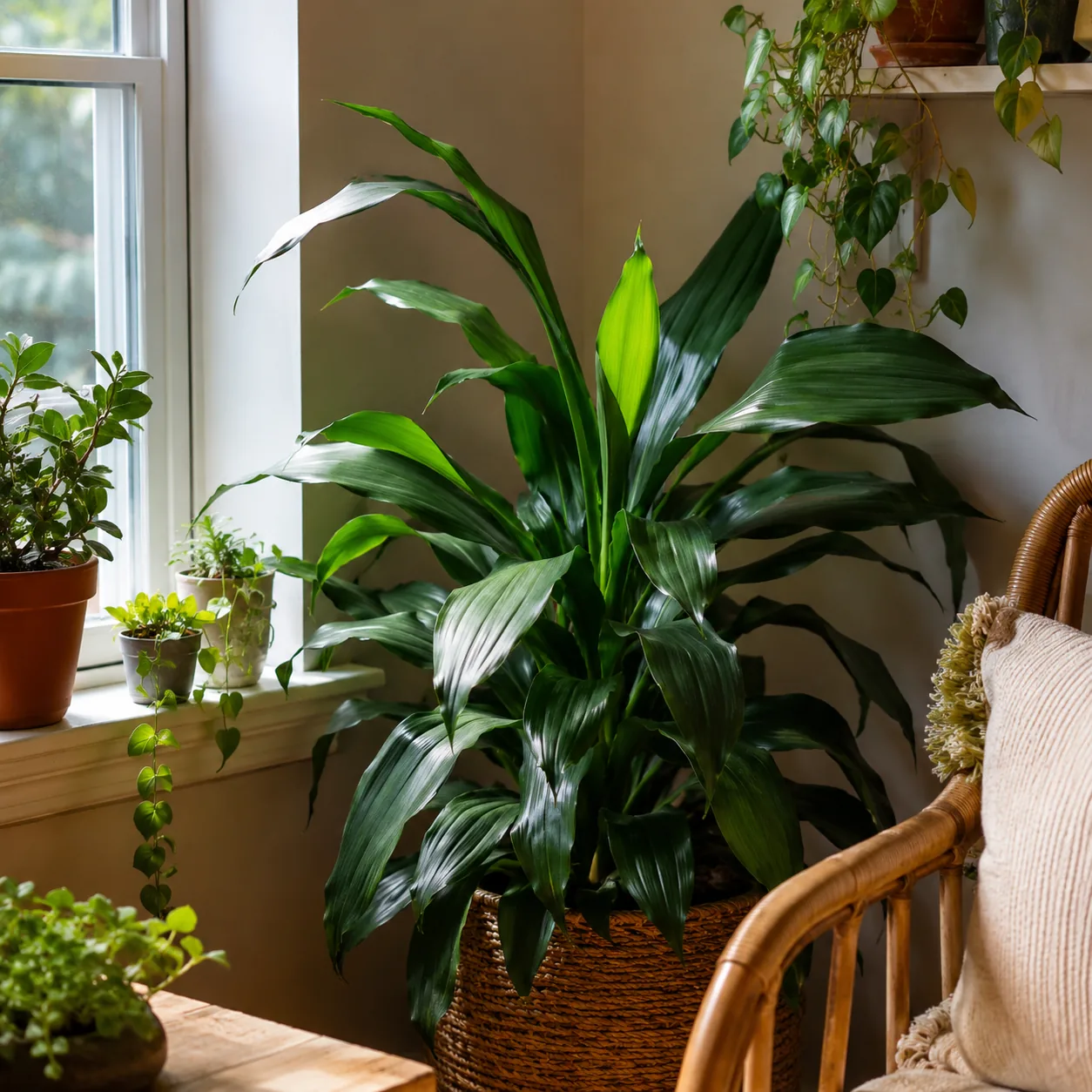 Realistic editorial photo of Dracaena Janet Craig growing in low light room corner with houseplants near a window, reali