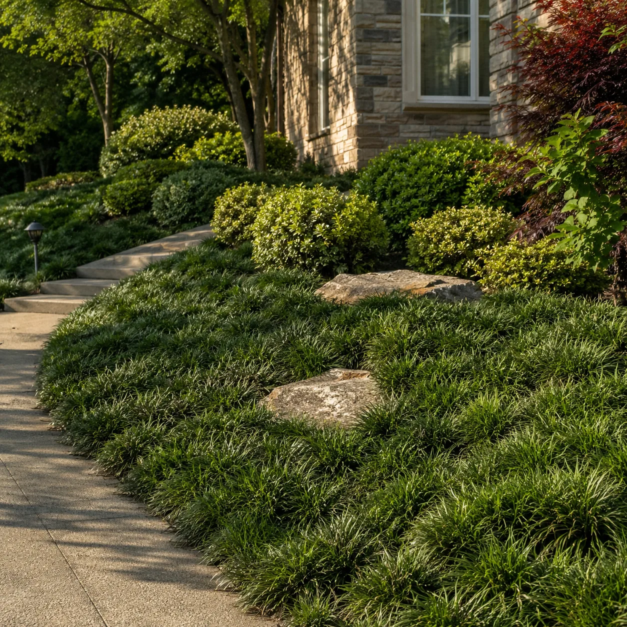 Realistic editorial photo of Dwarf mondo grass growing in sloped front yard planted with controlled ground covers, reali