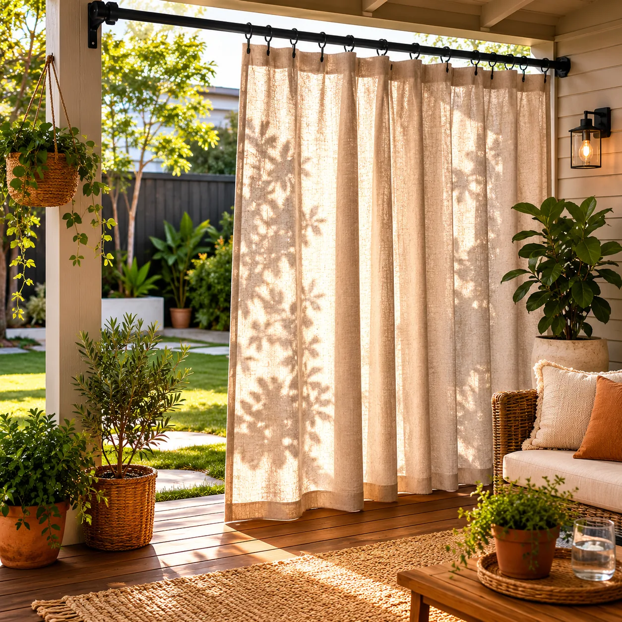 Realistic editorial photo of outdoor curtain rail in an ordinary backyard needing privacy, realistic editorial photo, na