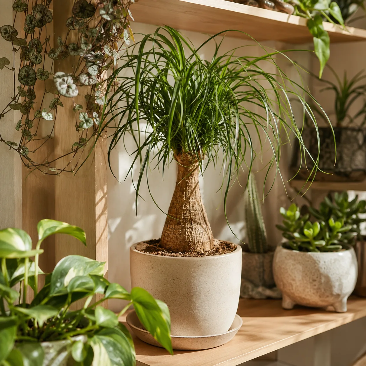 Realistic editorial photo of Ponytail palm growing in bright indoor shelf with low maintenance houseplants, realistic ed