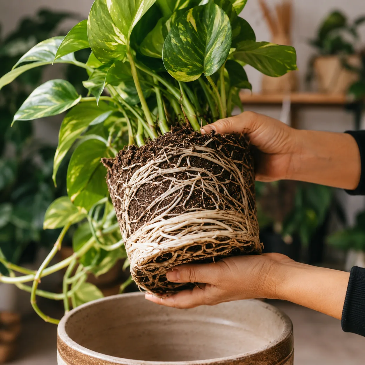 Realistic editorial photo of rootbound pothos lifted from pot with circling white roots visible, warm natural light, pra