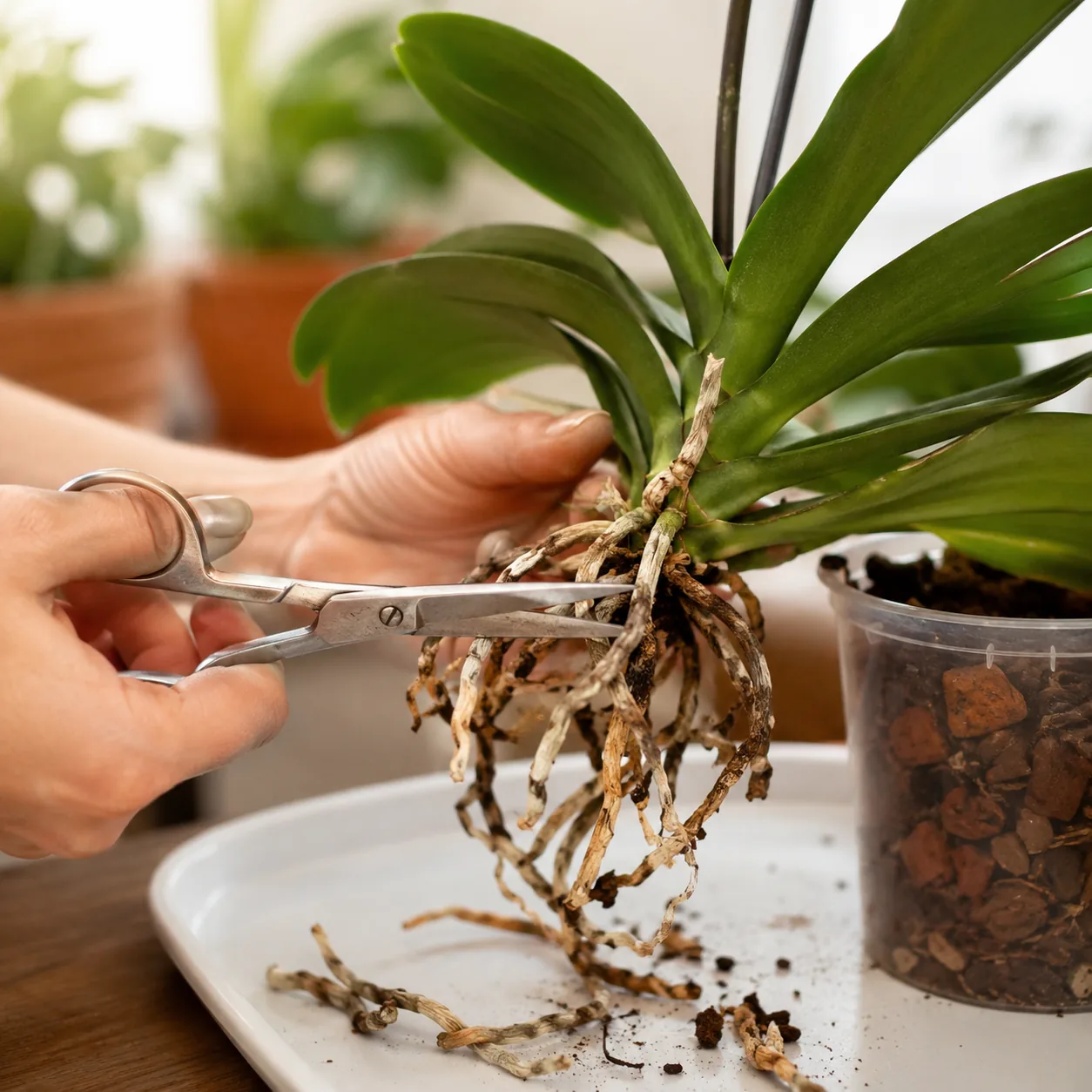 Realistic editorial photo of sterile scissors trimming dead brown orchid roots, warm natural light, practical home garde