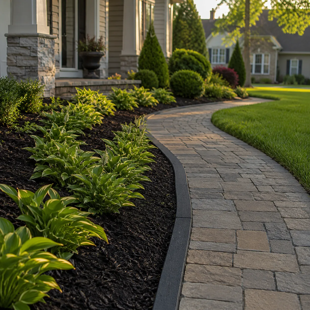 Realistic editorial photo of upgrade path edging in polished suburban front yard, realistic editorial photo, natural lig