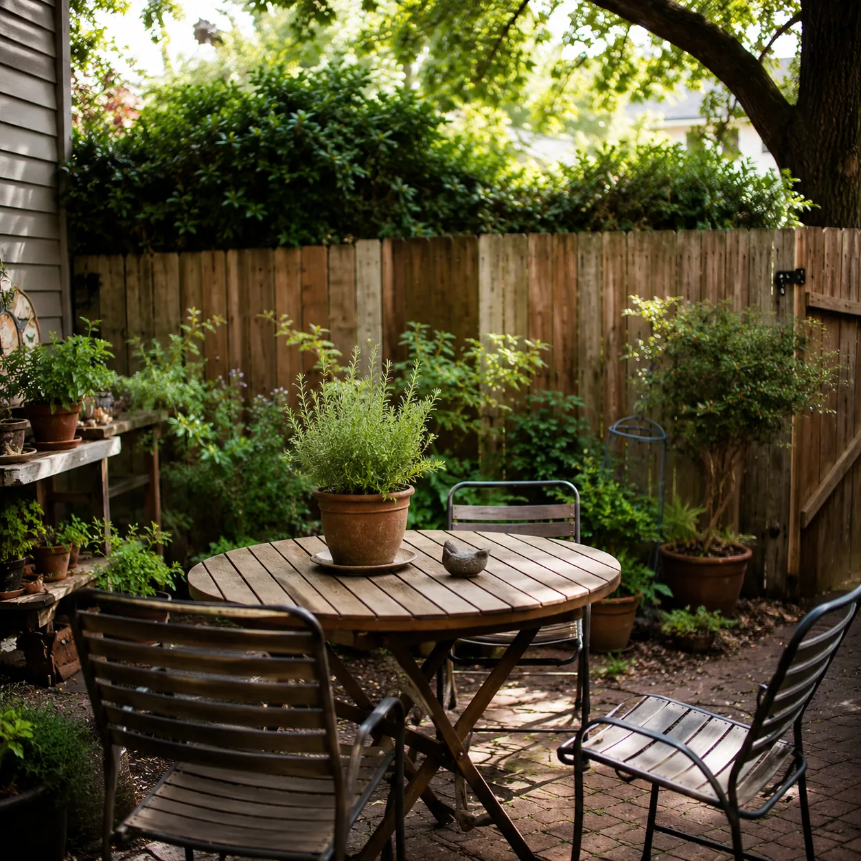 Realistic editorial photo of use a round table in small fenced backyard, realistic editorial photo, natural light, 1:1 s