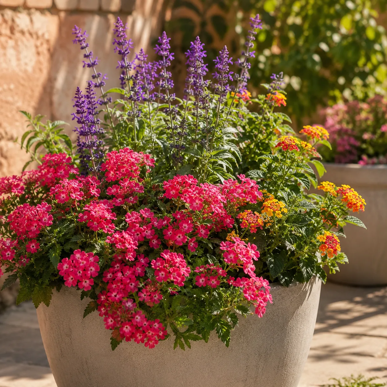 Realistic editorial photo of Verbena growing in sunny patio containers with heat tolerant flowering plants, realistic ed