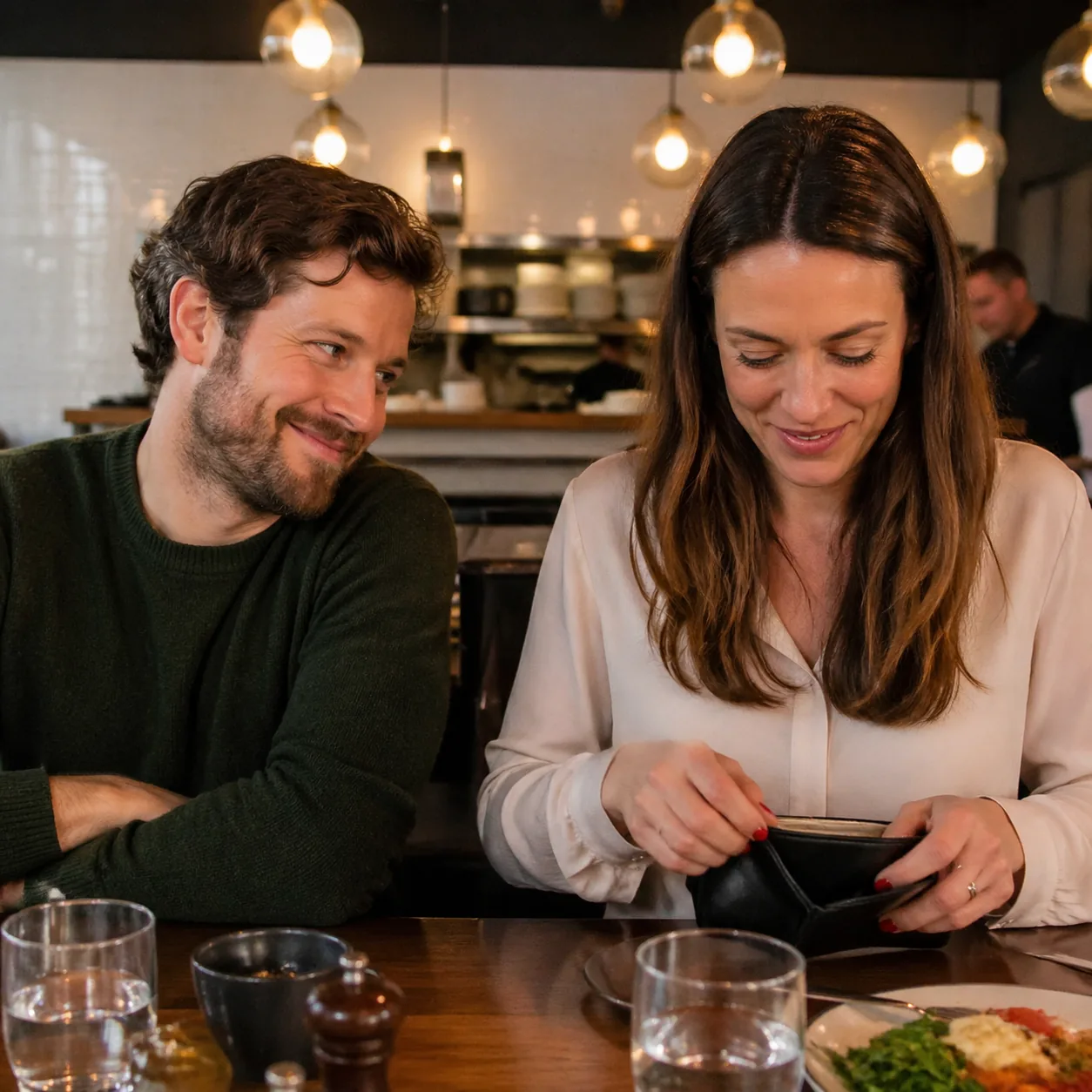 Realistic lifestyle photo of a husband smiling sheepishly at his wife while she puts away her wallet at a restaurant