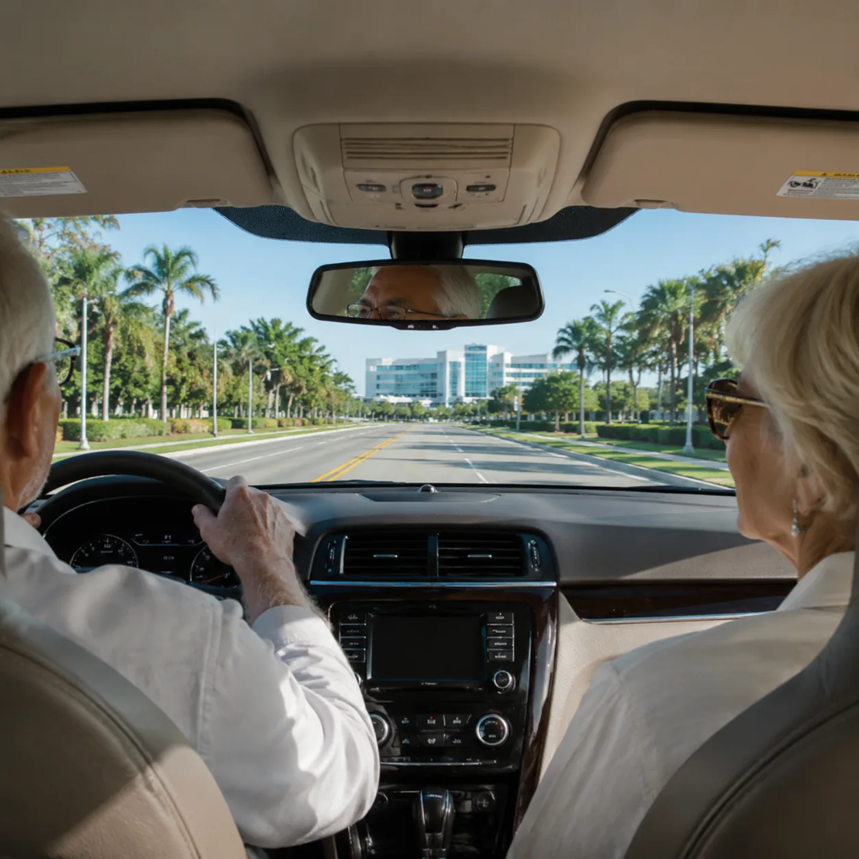 retired couple driving on quiet Florida road toward distant medical center, realistic editorial lifestyle photography fo
