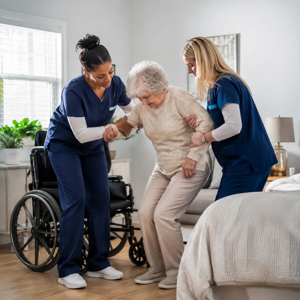 two caregivers helping older resident safely transfer in assisted living apartment, realistic editorial lifestyle photog