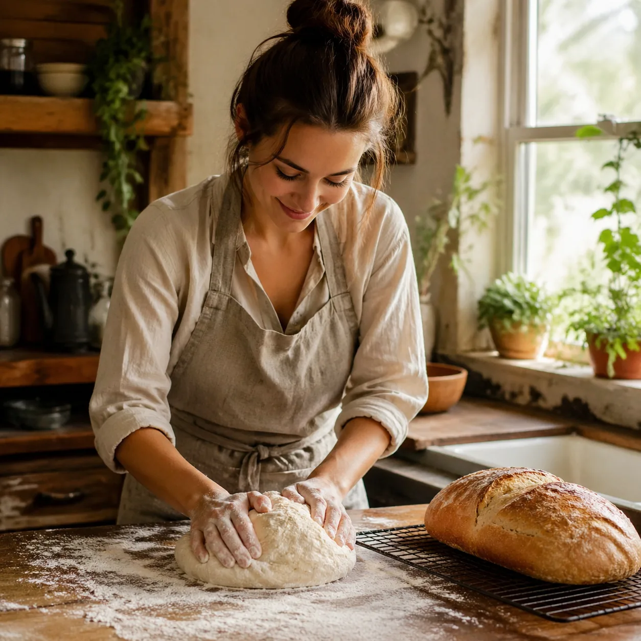 Warm editorial photo of a young woman kneading bread dough on a flour-dusted wooden countertop, golden loaf cooling on a