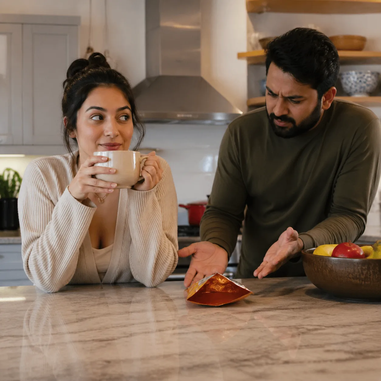 Warm playful kitchen photo of a wife innocently sipping coffee while an empty snack wrapper sits on the counter and her 
