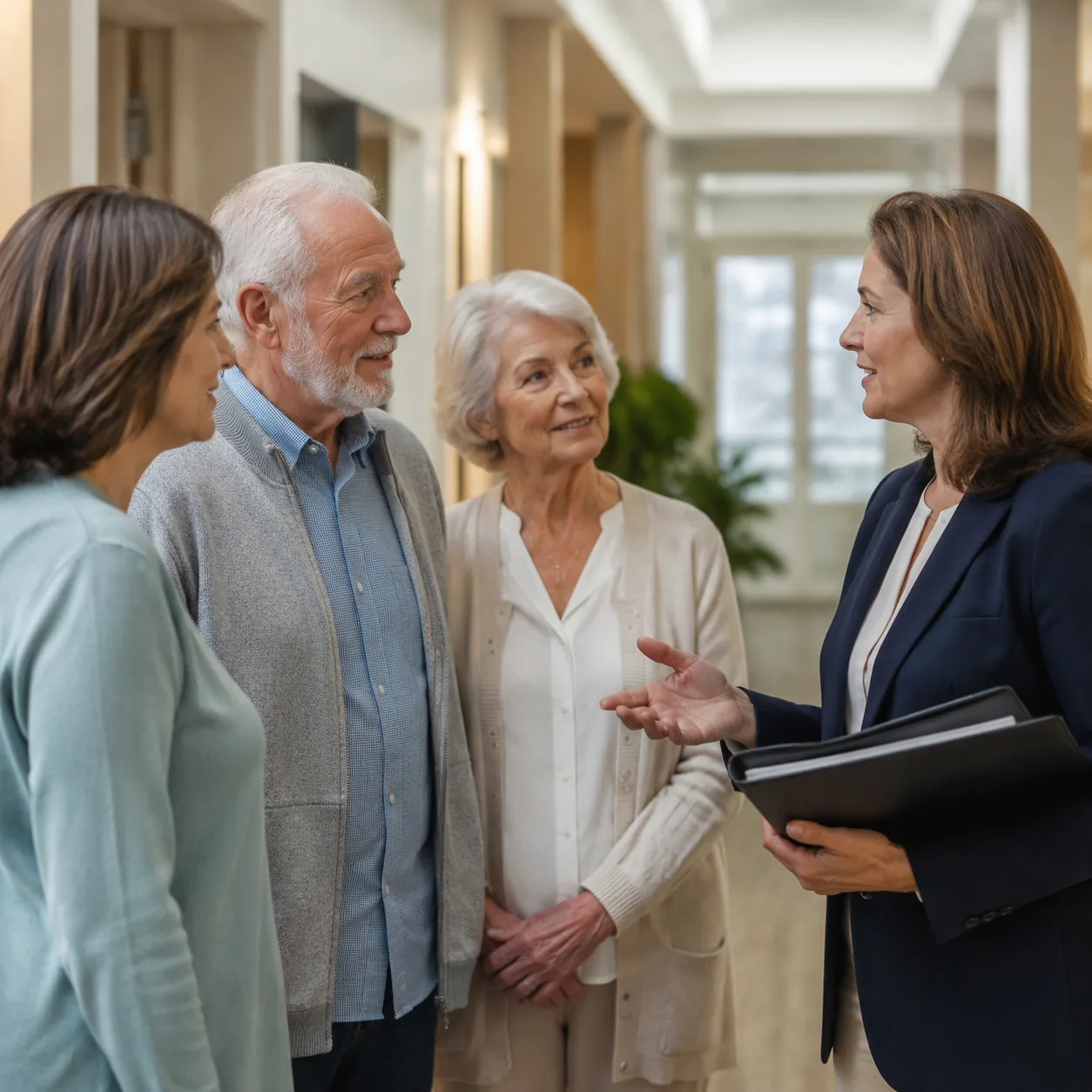 family discussing memory care wing with assisted living director in quiet hallway, realistic editorial lifestyle photogr