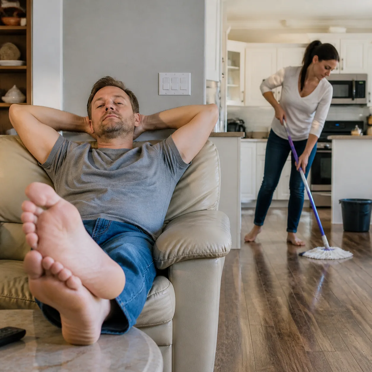 Funny realistic lifestyle photo of a husband relaxing on the couch with his feet up while his wife mops the floor in the